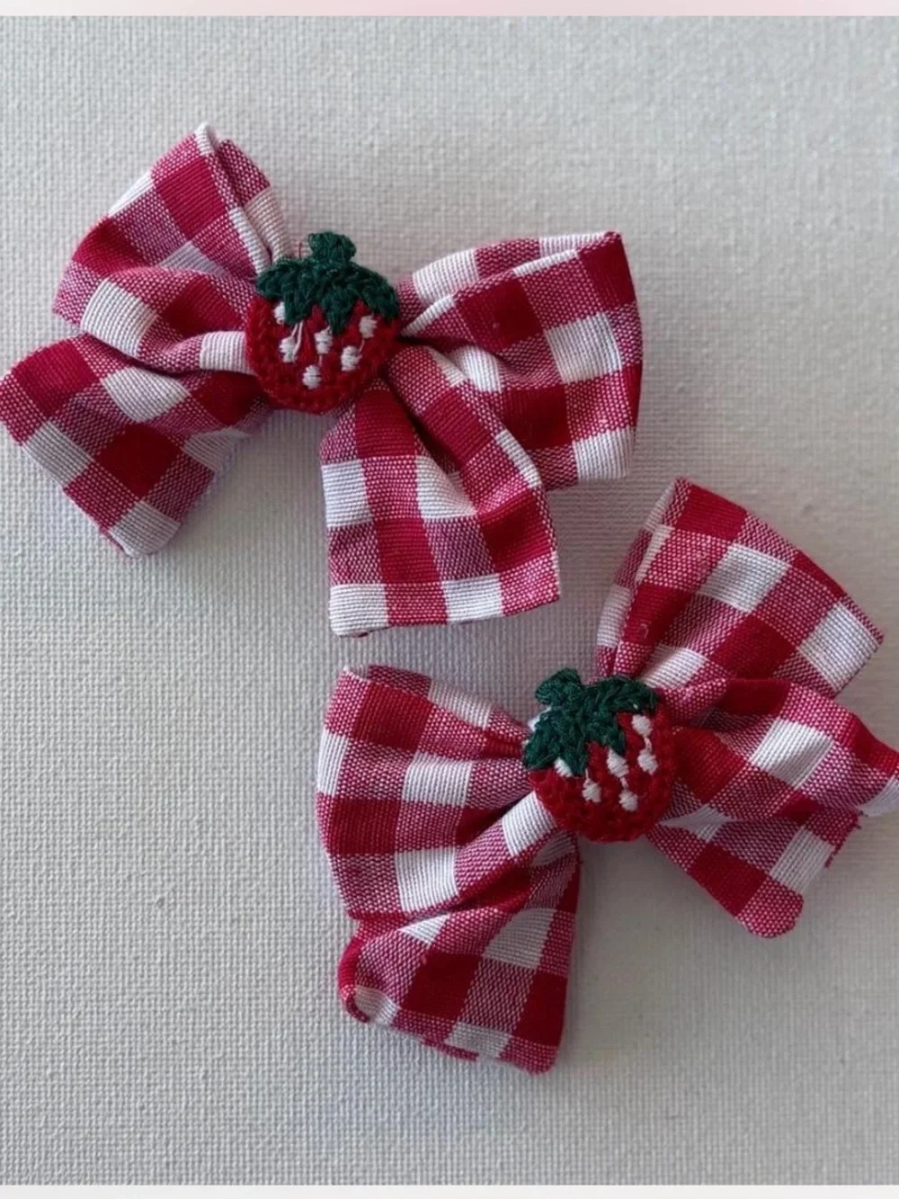 Red Gingham Strawberry Bow Hair Clips Set